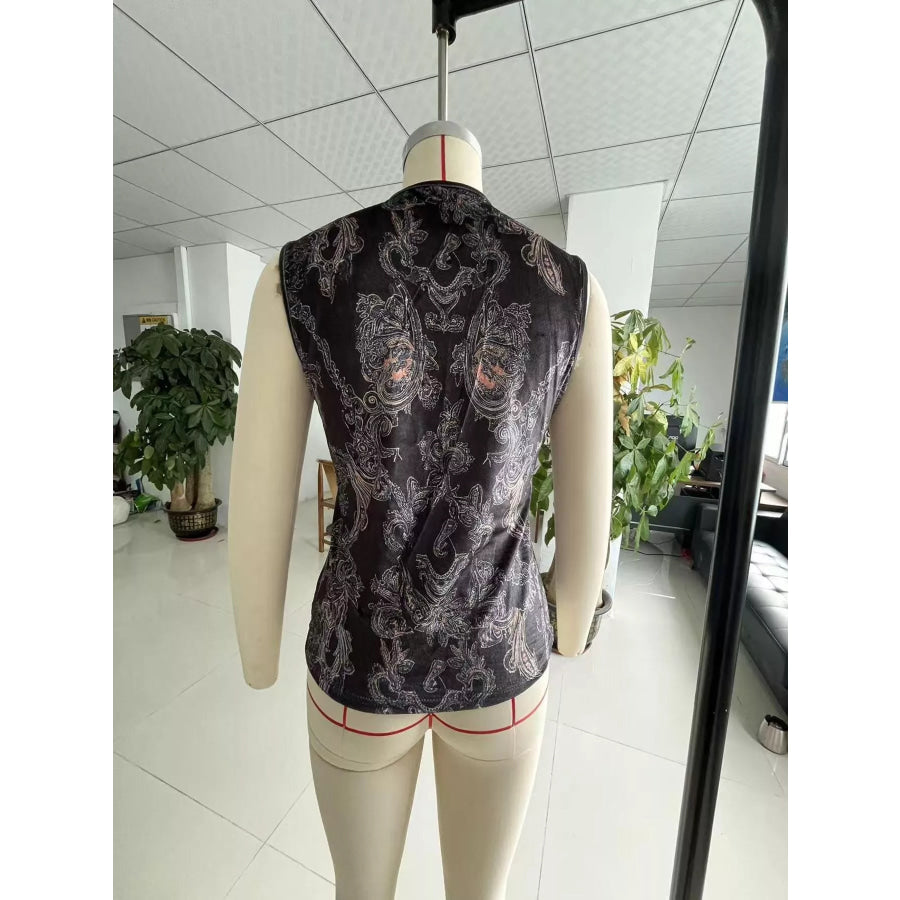 Full Size Paisley Print Ruffled Zip Front Tank Plus Apparel and Accessories
