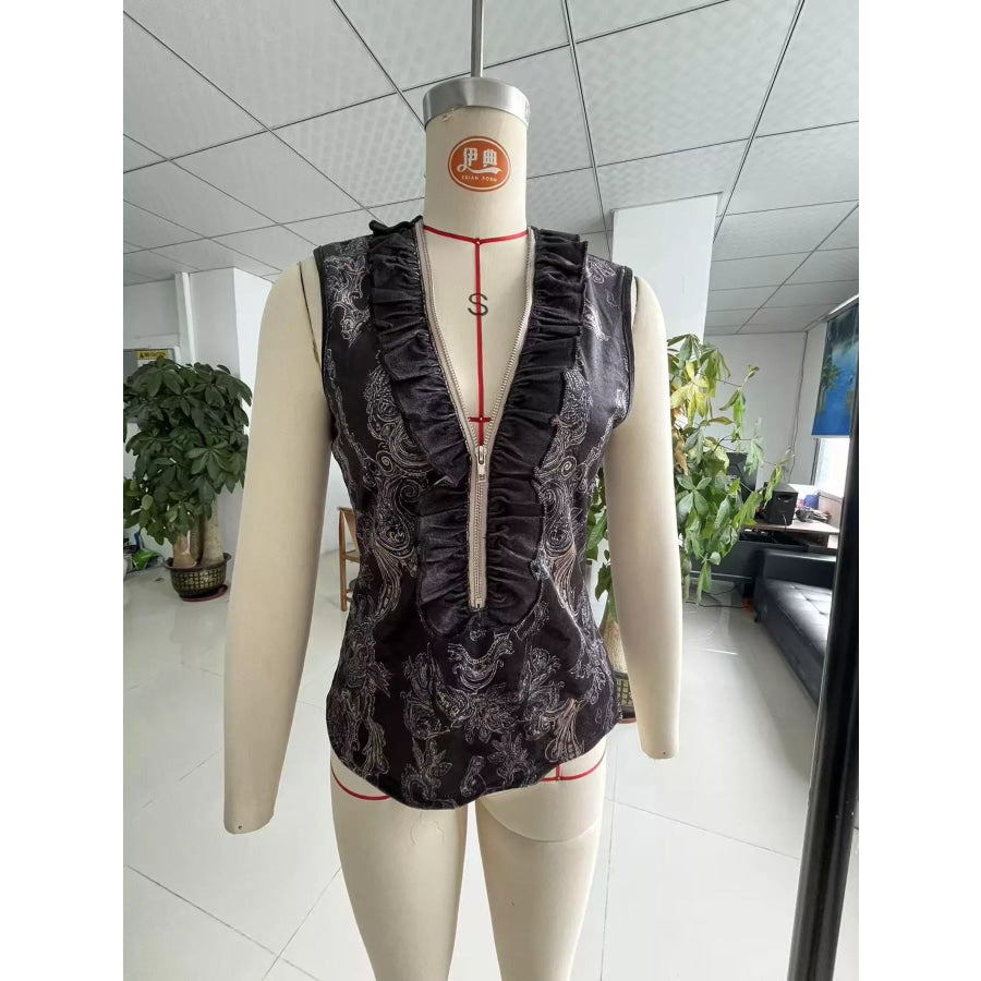 Full Size Paisley Print Ruffled Zip Front Tank Plus Apparel and Accessories