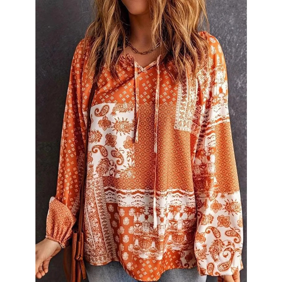 Full Size Paisley Print Tie-Neck Long Sleeve Blouse Plus Size Apparel and Accessories