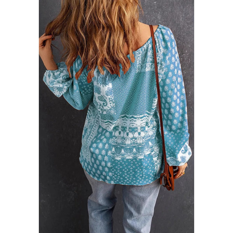 Full Size Paisley Print Tie-Neck Long Sleeve Blouse Plus Size Apparel and Accessories
