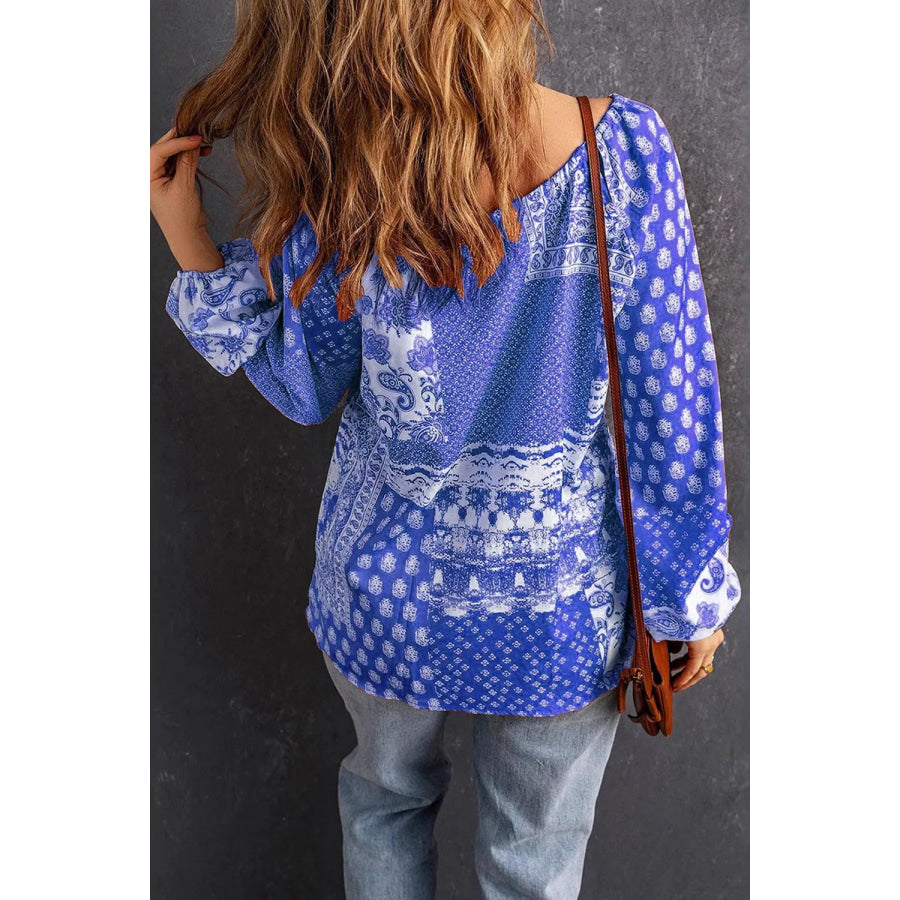 Full Size Paisley Print Tie-Neck Long Sleeve Blouse Plus Size Apparel and Accessories