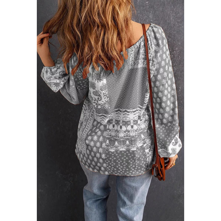 Full Size Paisley Print Tie-Neck Long Sleeve Blouse Plus Size Apparel and Accessories