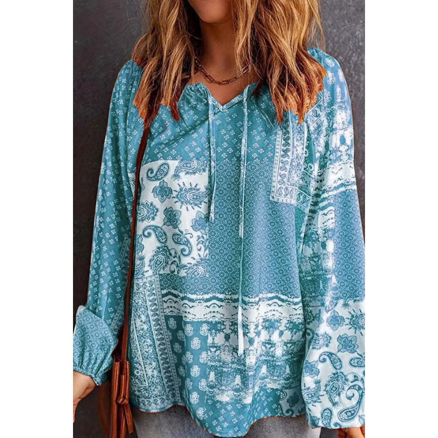 Full Size Paisley Print Tie-Neck Long Sleeve Blouse Plus Size Apparel and Accessories