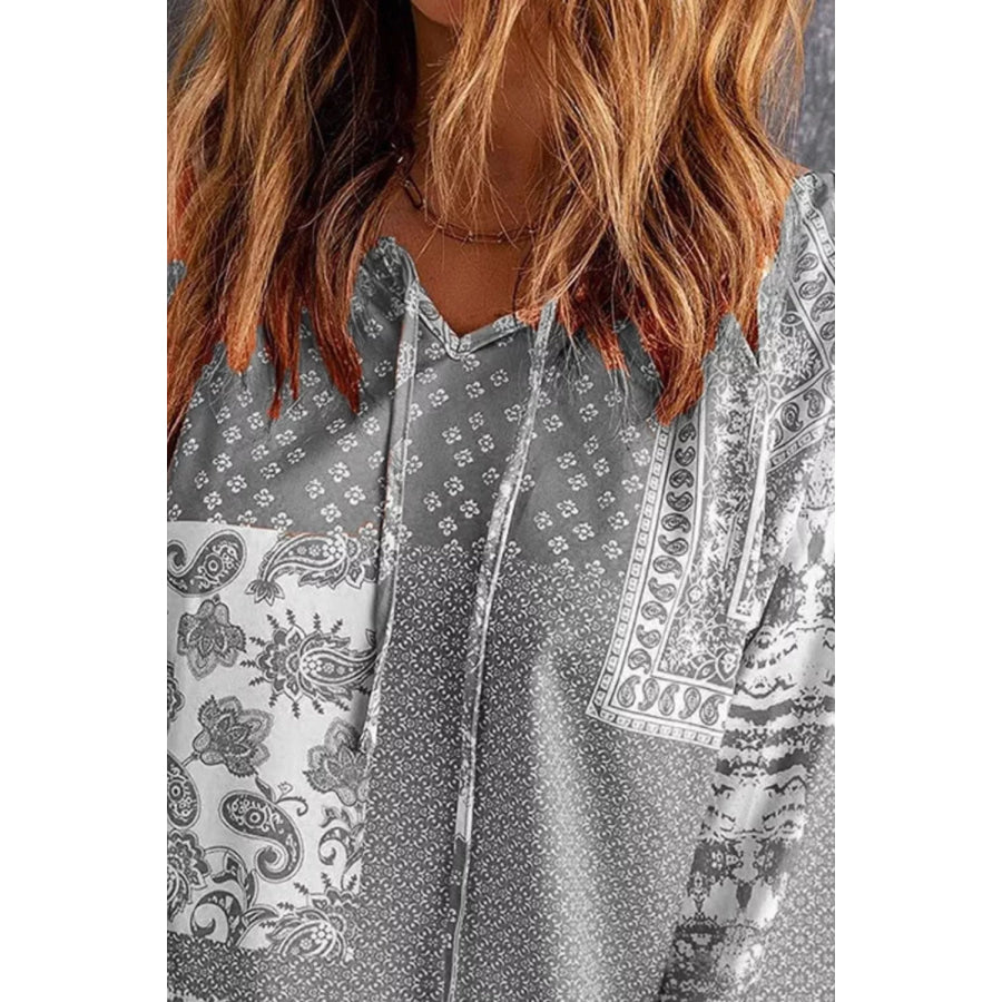 Full Size Paisley Print Tie-Neck Long Sleeve Blouse Plus Size Apparel and Accessories