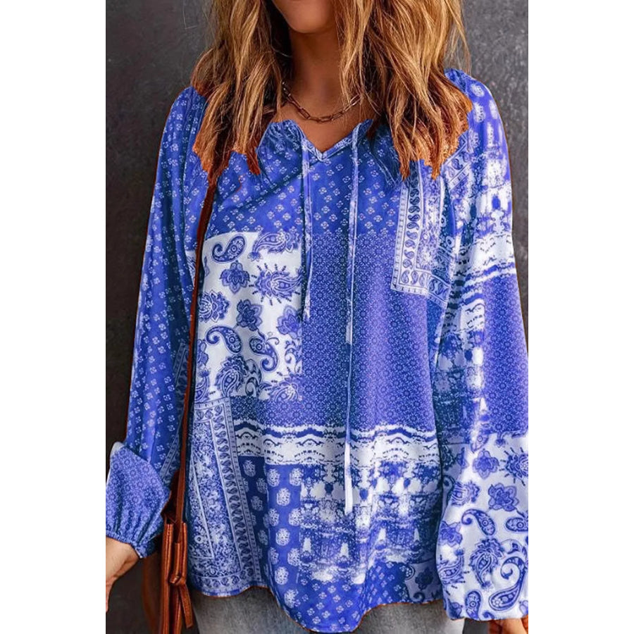 Full Size Paisley Print Tie-Neck Long Sleeve Blouse Plus Size Apparel and Accessories