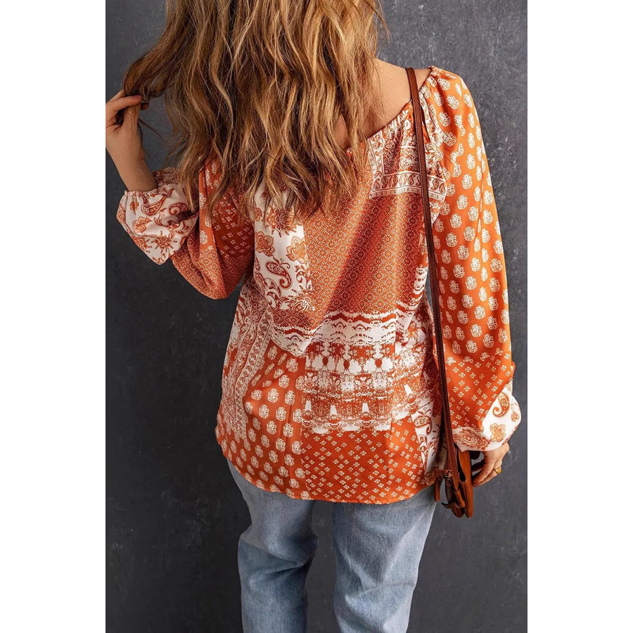 Full Size Paisley Print Tie-Neck Long Sleeve Blouse Plus Size Apparel and Accessories