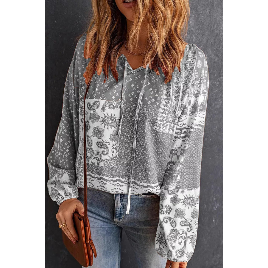 Full Size Paisley Print Tie-Neck Long Sleeve Blouse Plus Size Gray / S Apparel and Accessories
