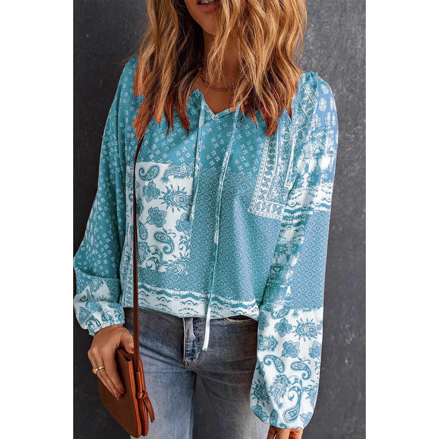 Full Size Paisley Print Tie-Neck Long Sleeve Blouse Plus Size Sky Blue / S Apparel and Accessories