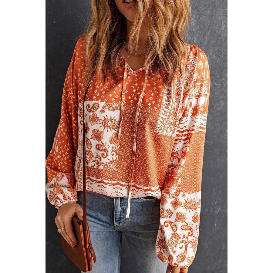 Full Size Paisley Print Tie-Neck Long Sleeve Blouse Plus Size Tangerine / S Apparel and Accessories