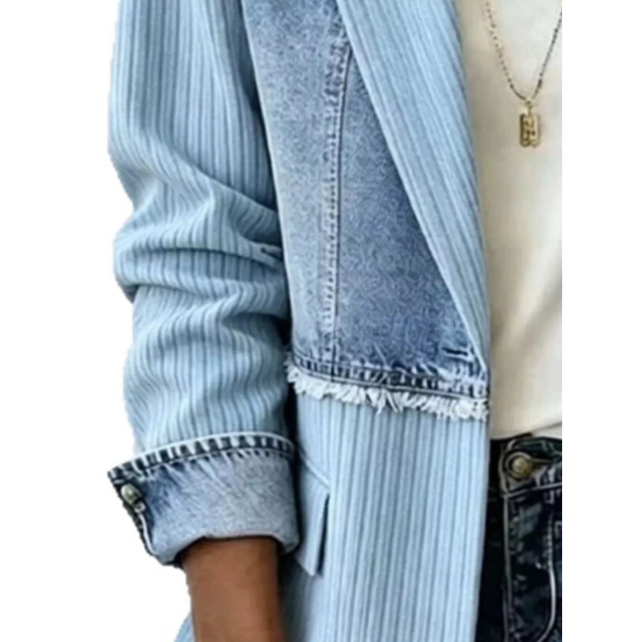 Full Size Patchwork Denim Ribbed Blazer Plus Size Light Blue / S Apparel and Accessories