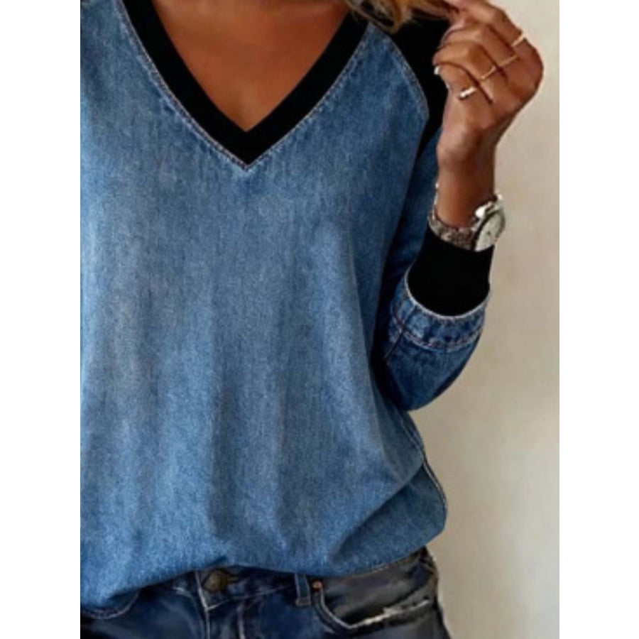 Full Size Patchwork V-Neck Long Sleeve Blouse Plus Size Apparel and Accessories