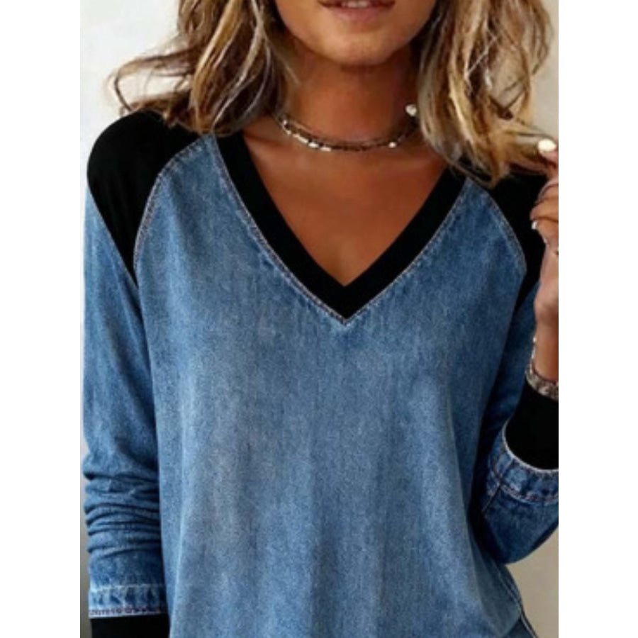 Full Size Patchwork V-Neck Long Sleeve Blouse Plus Size Apparel and Accessories