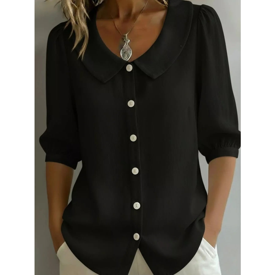 Full Size Peter Pan Collar Button-Down Shirt Plus Size Black / S Apparel and Accessories