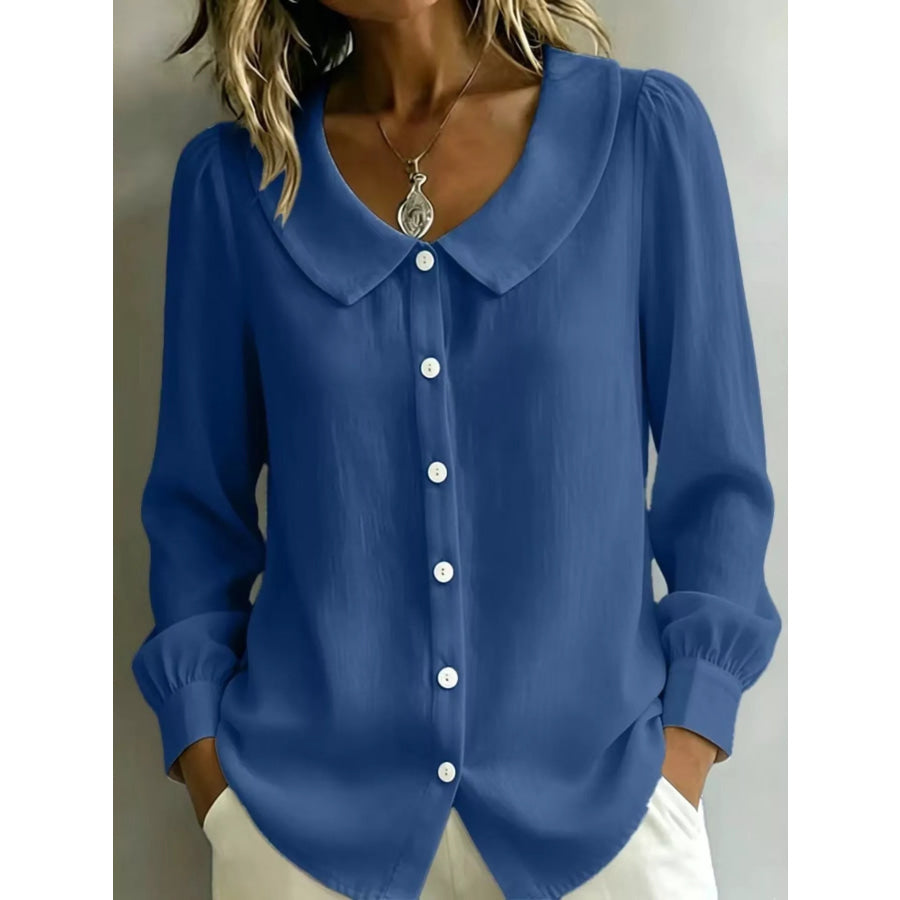 Full Size Peter Pan Collar Button-Down Shirt Plus Size Blue / S Apparel and Accessories