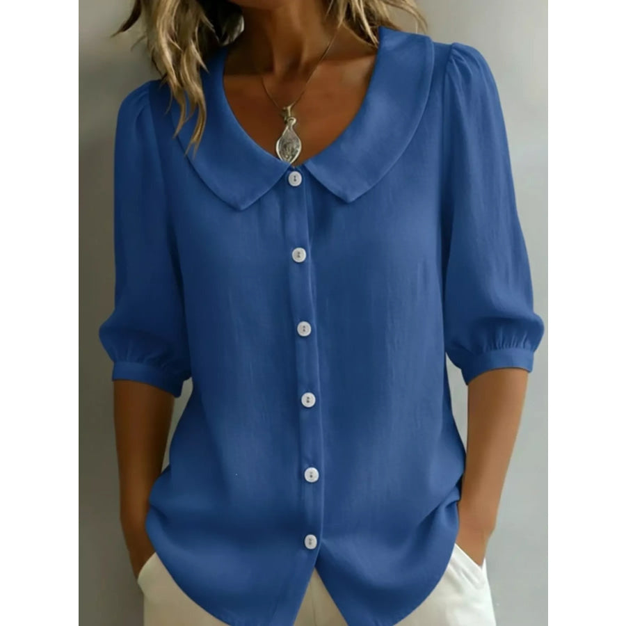 Full Size Peter Pan Collar Button-Down Shirt Plus Size Blue / S Apparel and Accessories