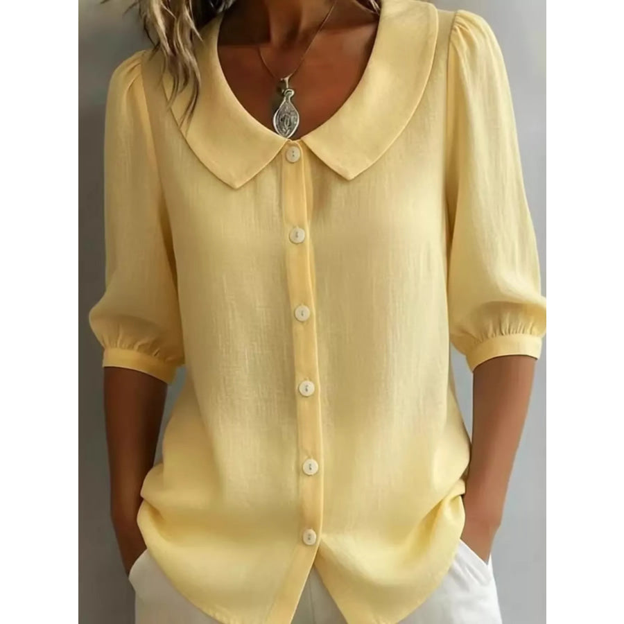Full Size Peter Pan Collar Button-Down Shirt Plus Size Light Yellow / S Apparel and Accessories