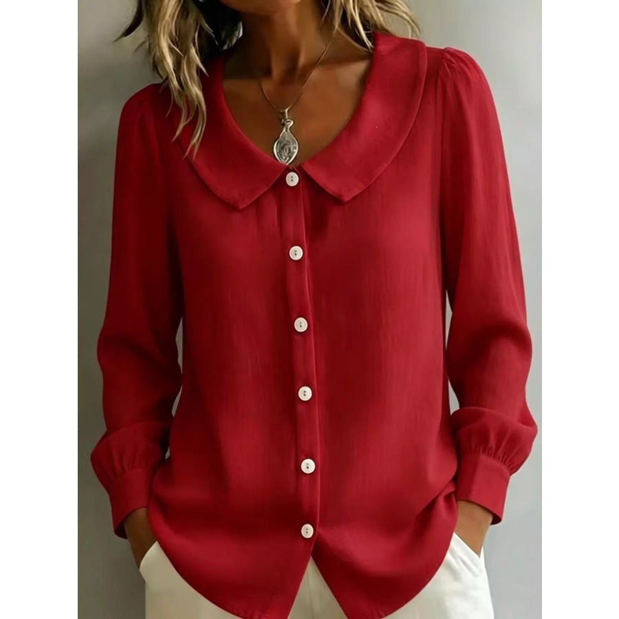 Full Size Peter Pan Collar Button-Down Shirt Plus Size Red / S Apparel and Accessories
