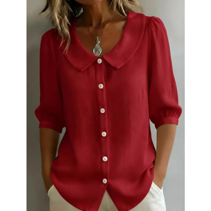 Full Size Peter Pan Collar Button-Down Shirt Plus Size Red / S Apparel and Accessories