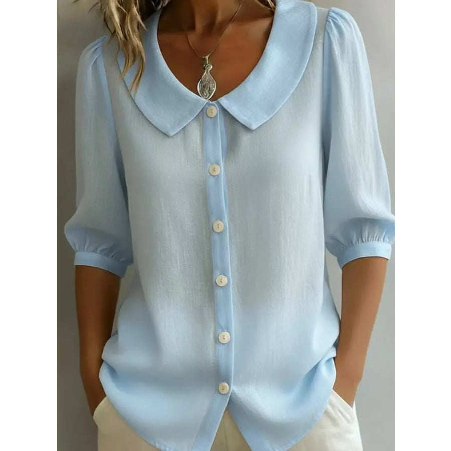 Full Size Peter Pan Collar Button-Down Shirt Plus Size Sky Blue / S Apparel and Accessories