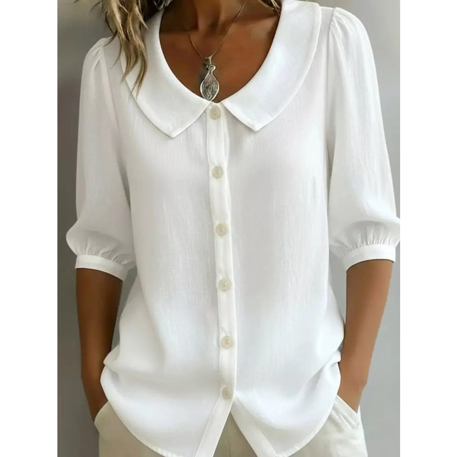 Full Size Peter Pan Collar Button-Down Shirt Plus Size White / S Apparel and Accessories