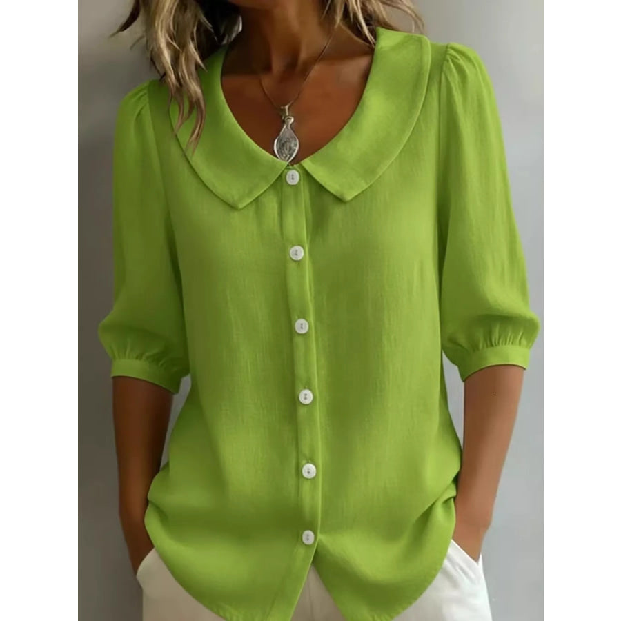 Full Size Peter Pan Collar Button-Down Shirt Plus Size Yellow-green / S Apparel and Accessories