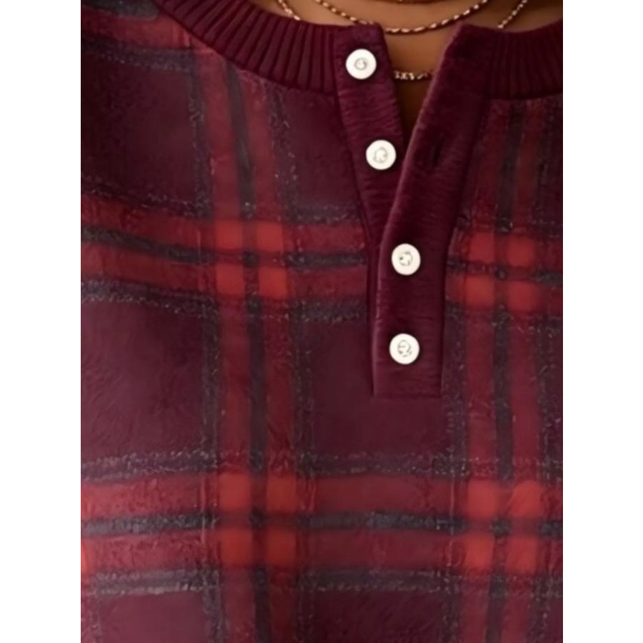 Full Size Plaid Button Detail Long Sleeve Sweatshirt Plus Size Apparel and Accessories