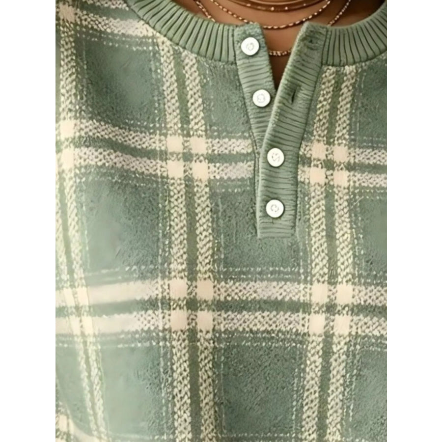 Full Size Plaid Button Detail Long Sleeve Sweatshirt Plus Size Apparel and Accessories
