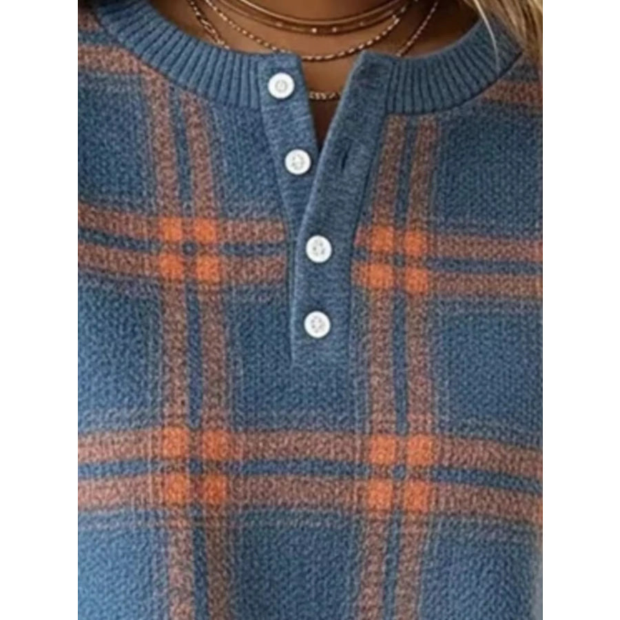 Full Size Plaid Button Detail Long Sleeve Sweatshirt Plus Size Apparel and Accessories