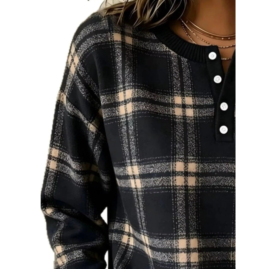 Full Size Plaid Button Detail Long Sleeve Sweatshirt Plus Size Apparel and Accessories