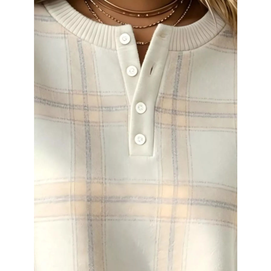 Full Size Plaid Button Detail Long Sleeve Sweatshirt Plus Size Apparel and Accessories