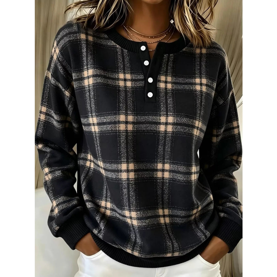 Full Size Plaid Button Detail Long Sleeve Sweatshirt Plus Size Black / S Apparel and Accessories