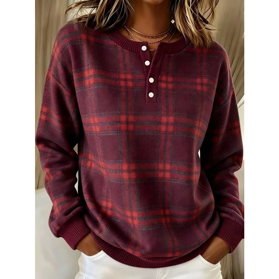 Full Size Plaid Button Detail Long Sleeve Sweatshirt Plus Size Burgundy / S Apparel and Accessories
