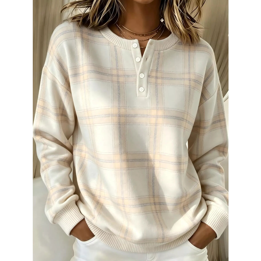 Full Size Plaid Button Detail Long Sleeve Sweatshirt Plus Size Ivory / S Apparel and Accessories