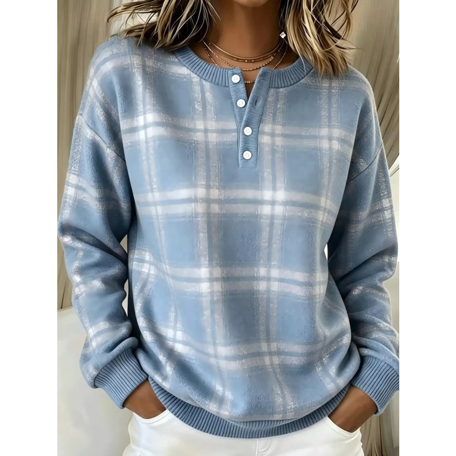 Full Size Plaid Button Detail Long Sleeve Sweatshirt Plus Size Light Blue / S Apparel and Accessories