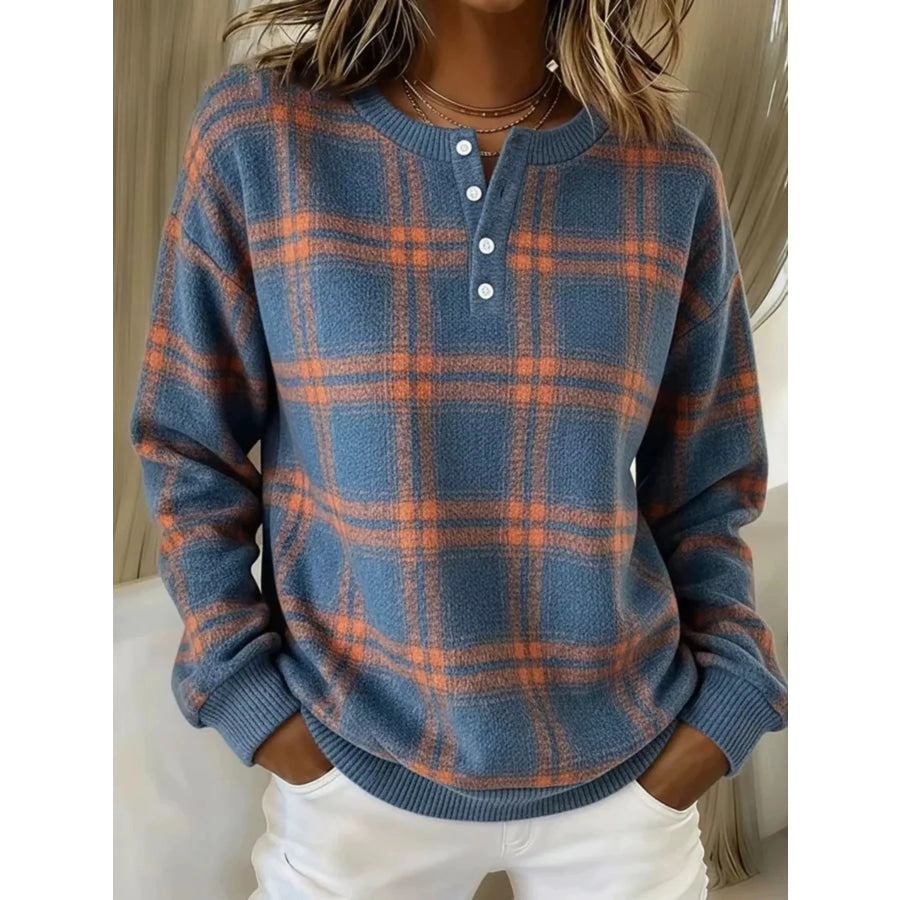 Full Size Plaid Button Detail Long Sleeve Sweatshirt Plus Size Peacock Blue / S Apparel and Accessories