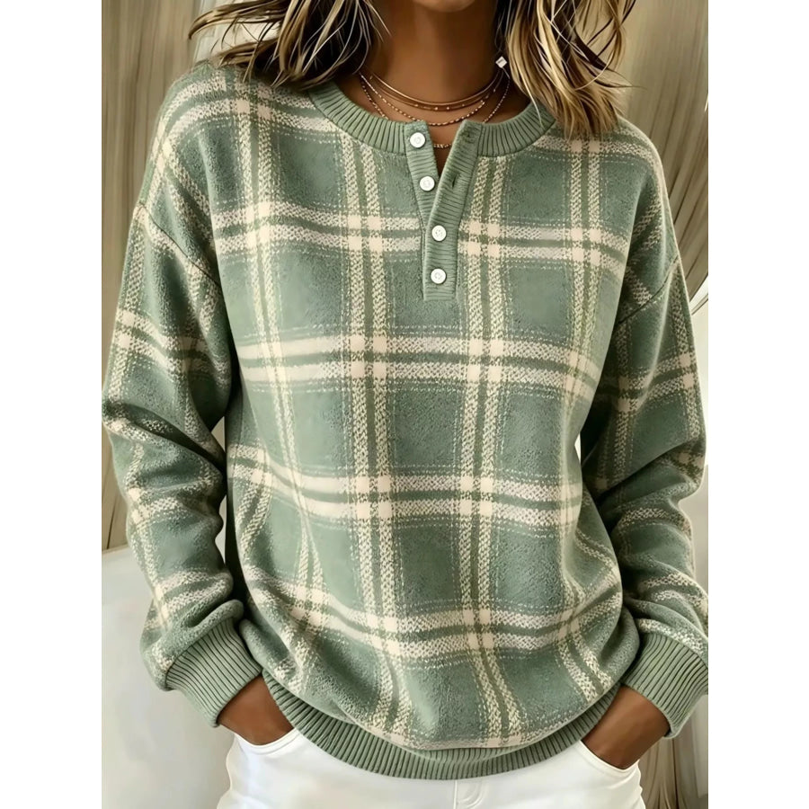 Full Size Plaid Button Detail Long Sleeve Sweatshirt Plus Size Sage / S Apparel and Accessories