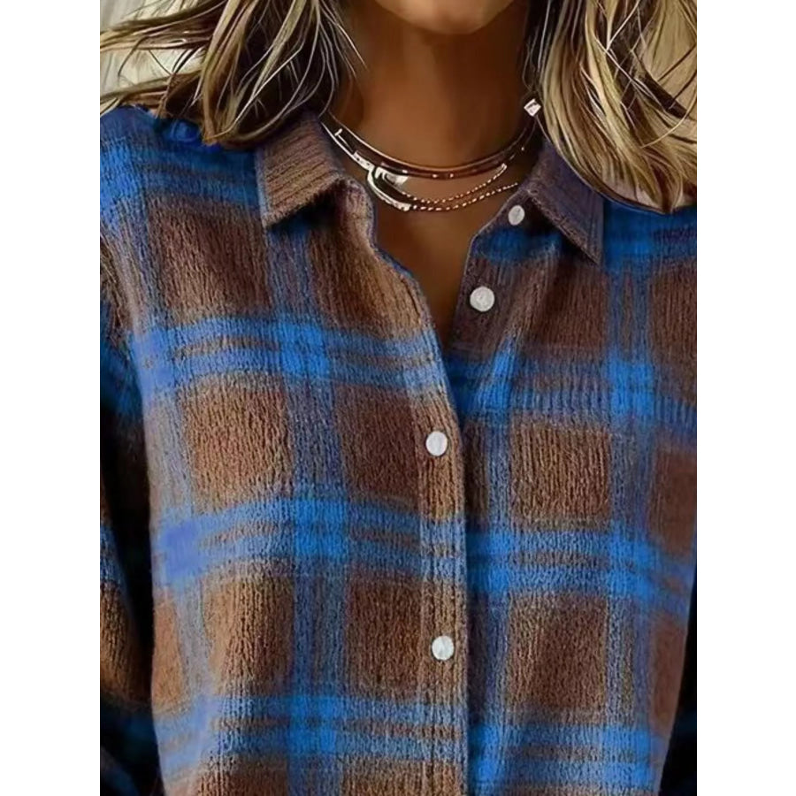 Full Size Plaid Button-Down Knit Cardigan Plus Apparel and Accessories
