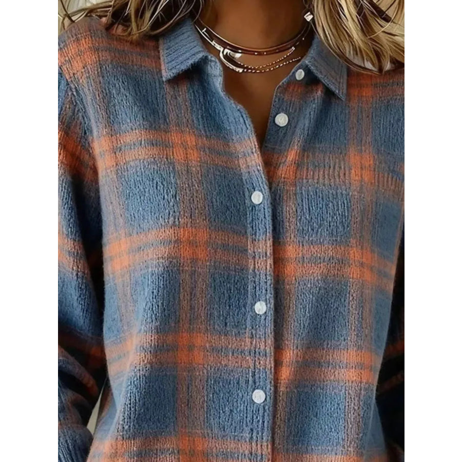 Full Size Plaid Button-Down Knit Cardigan Plus Apparel and Accessories