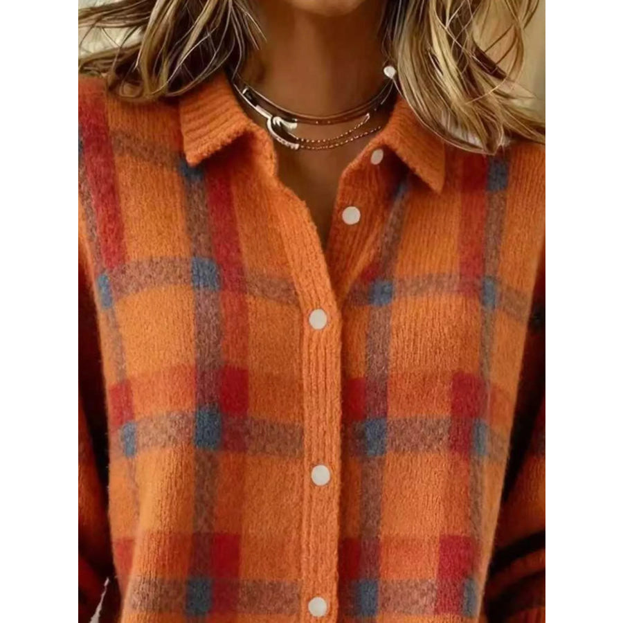 Full Size Plaid Button-Down Knit Cardigan Plus Apparel and Accessories