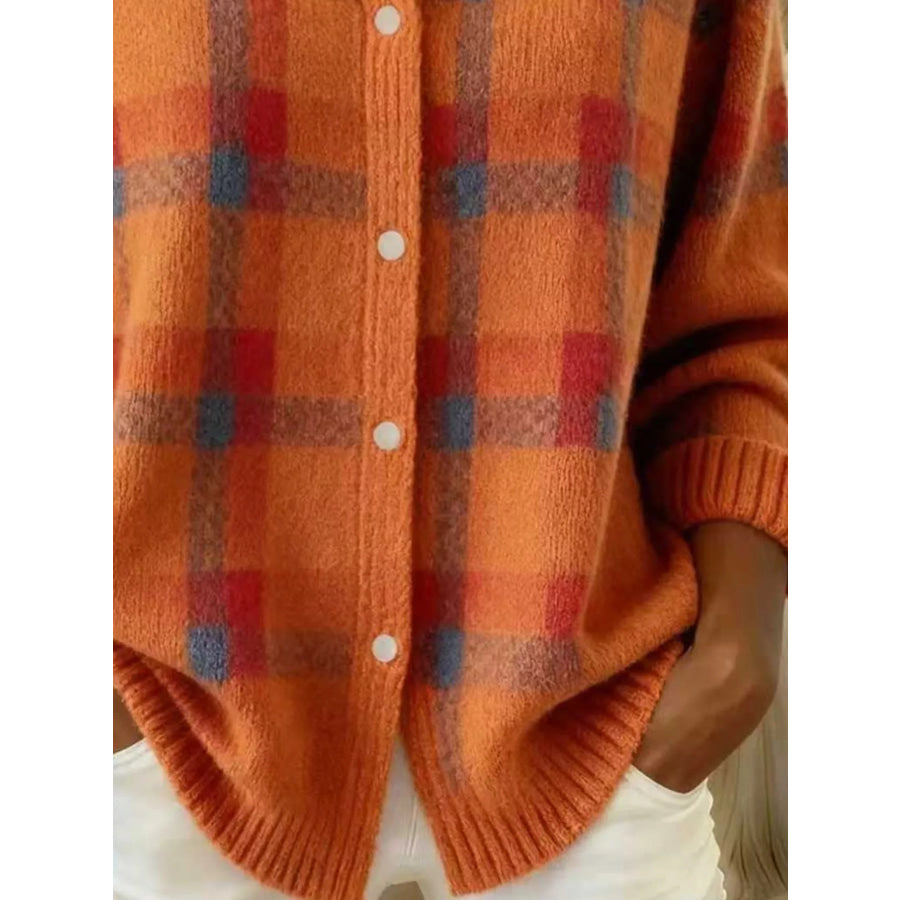 Full Size Plaid Button-Down Knit Cardigan Plus Apparel and Accessories