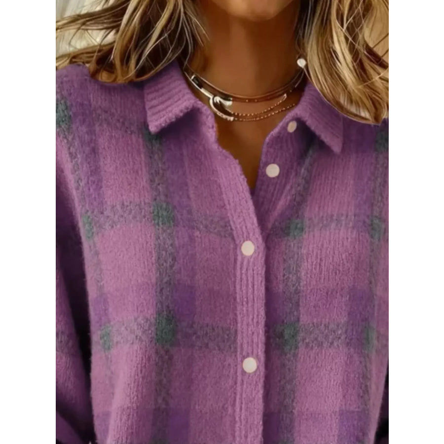 Full Size Plaid Button-Down Knit Cardigan Plus Apparel and Accessories
