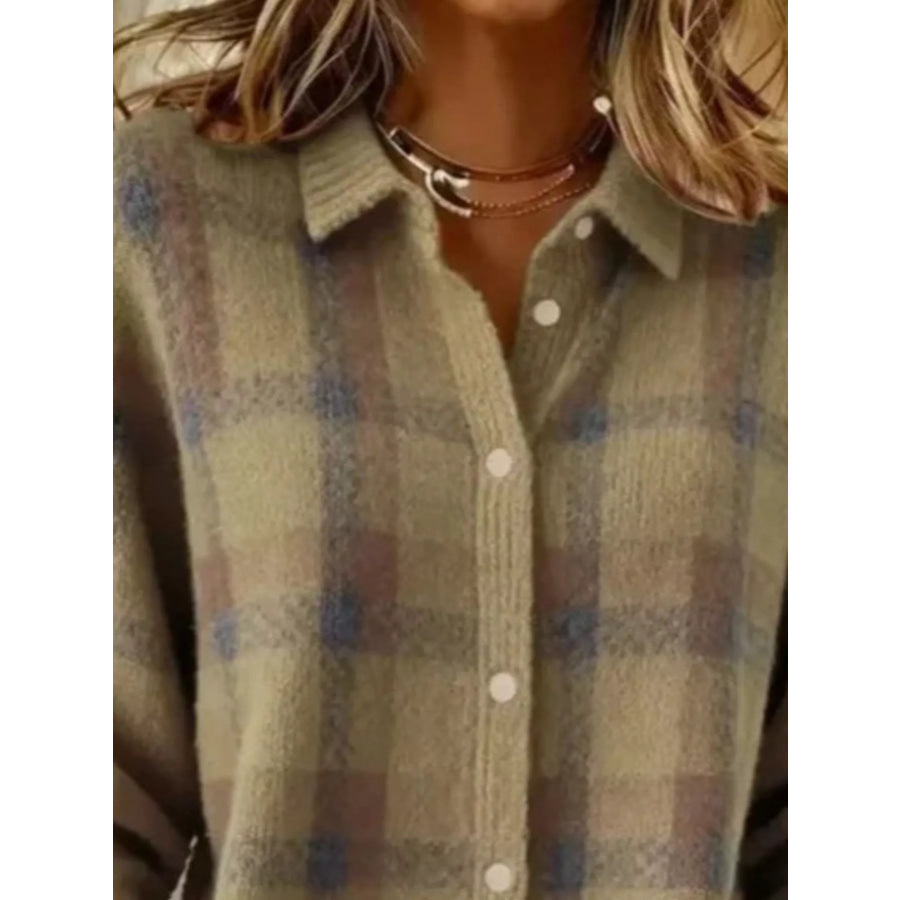Full Size Plaid Button-Down Knit Cardigan Plus Apparel and Accessories