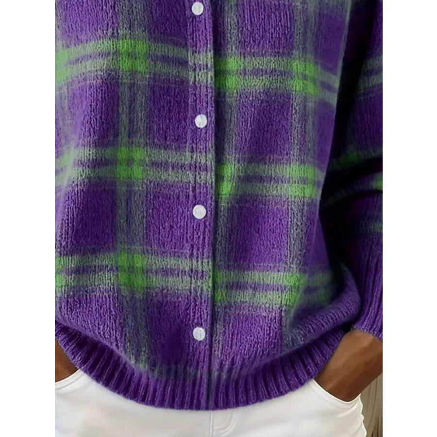 Full Size Plaid Button-Down Knit Cardigan Plus Apparel and Accessories