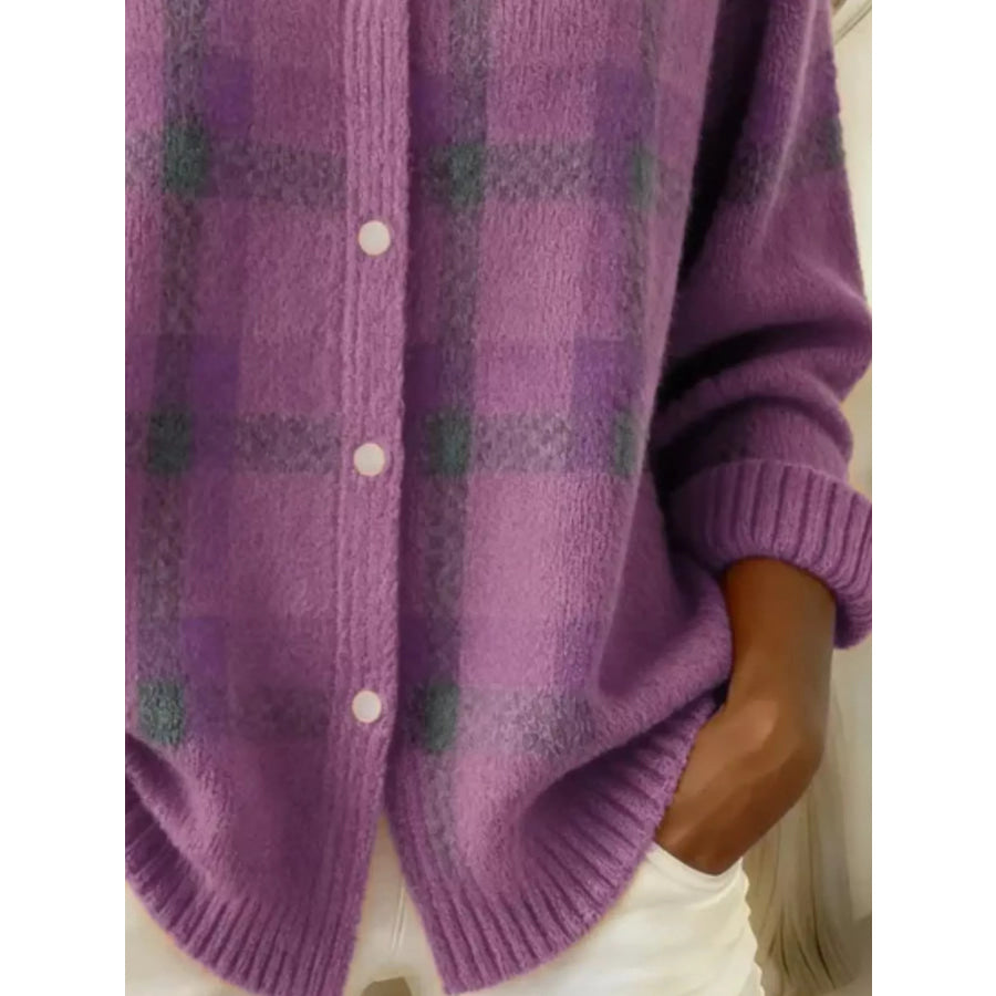 Full Size Plaid Button-Down Knit Cardigan Plus Apparel and Accessories