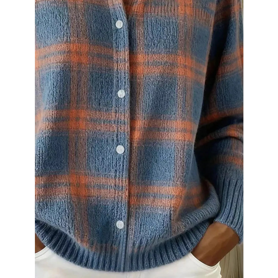 Full Size Plaid Button-Down Knit Cardigan Plus Apparel and Accessories