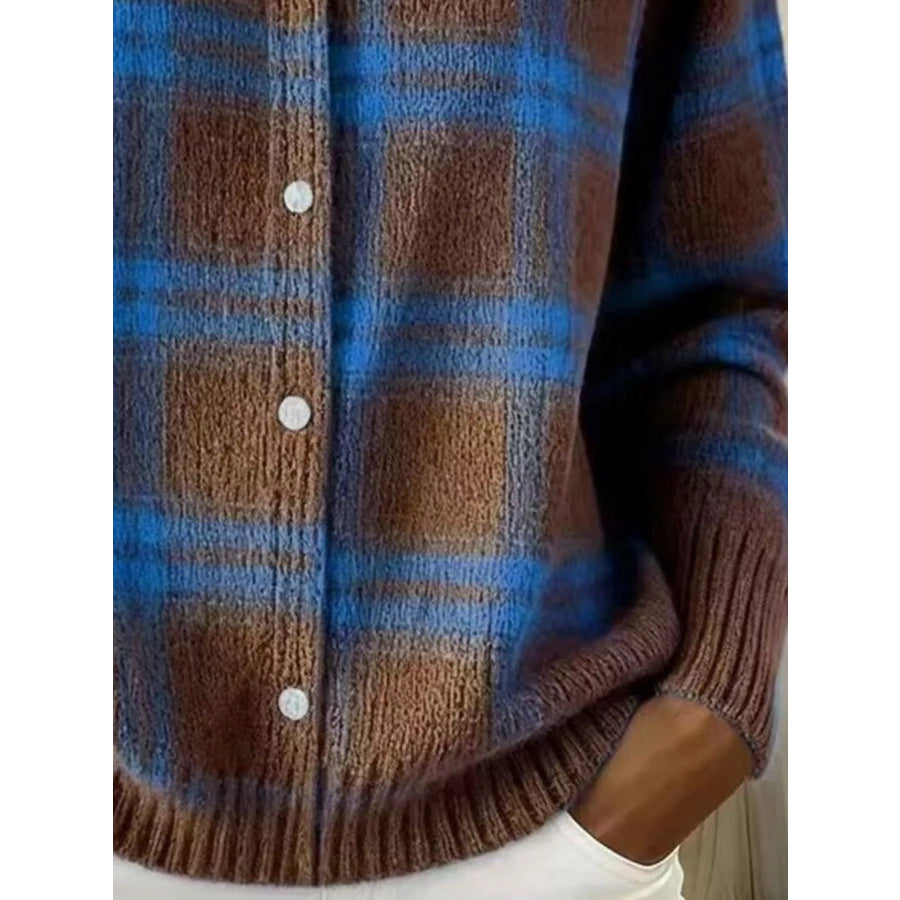 Full Size Plaid Button-Down Knit Cardigan Plus Apparel and Accessories