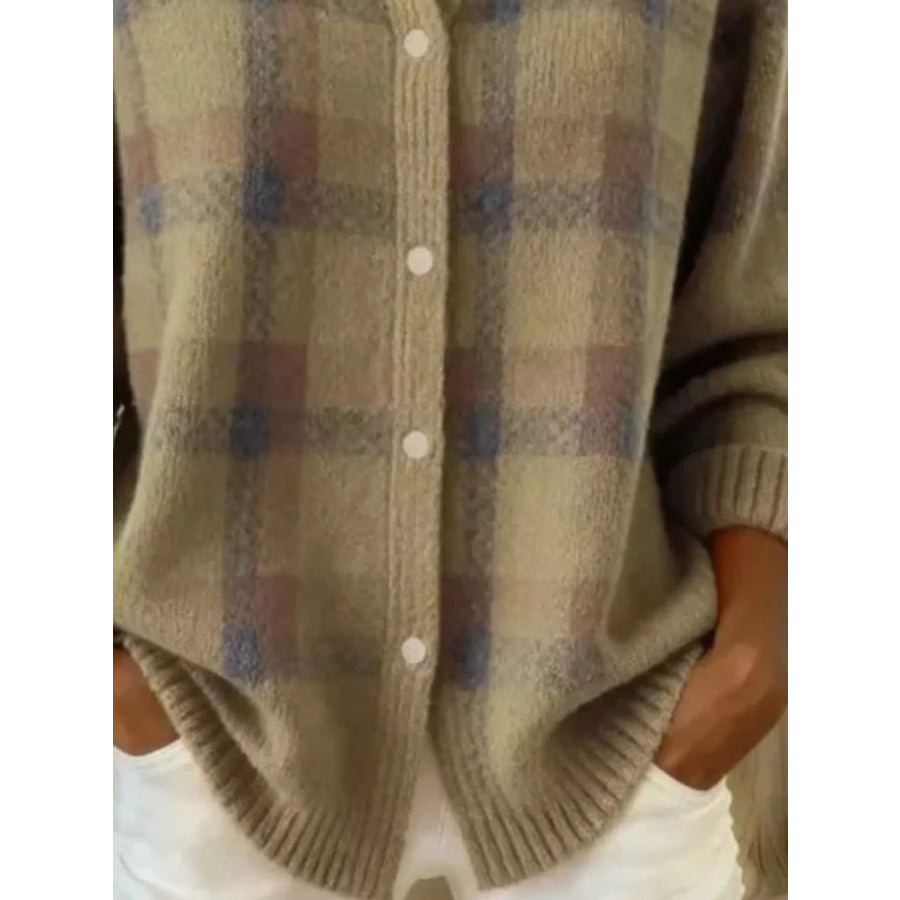Full Size Plaid Button-Down Knit Cardigan Plus Apparel and Accessories
