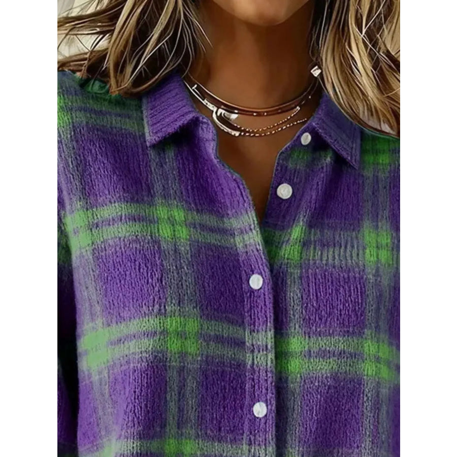 Full Size Plaid Button-Down Knit Cardigan Plus Apparel and Accessories
