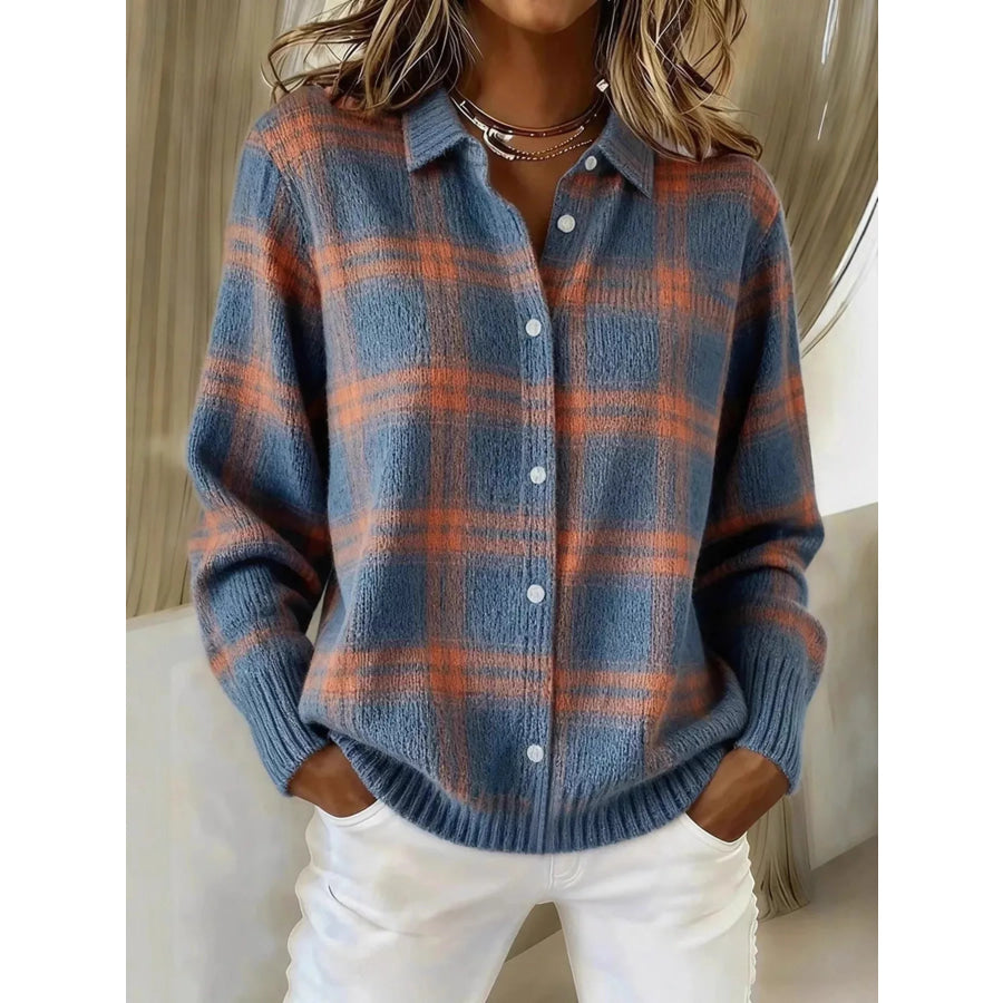 Full Size Plaid Button-Down Knit Cardigan Plus Blue / S Apparel and Accessories