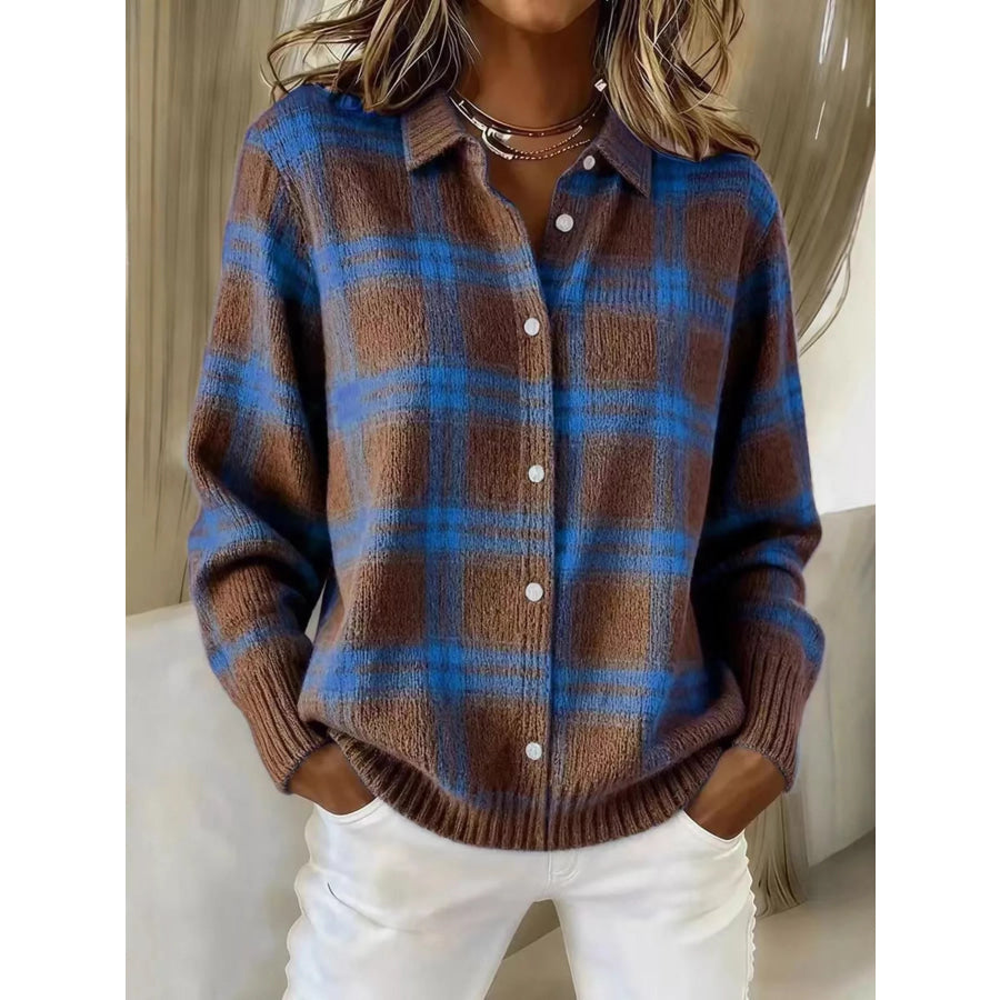 Full Size Plaid Button-Down Knit Cardigan Plus Dark Brown / S Apparel and Accessories
